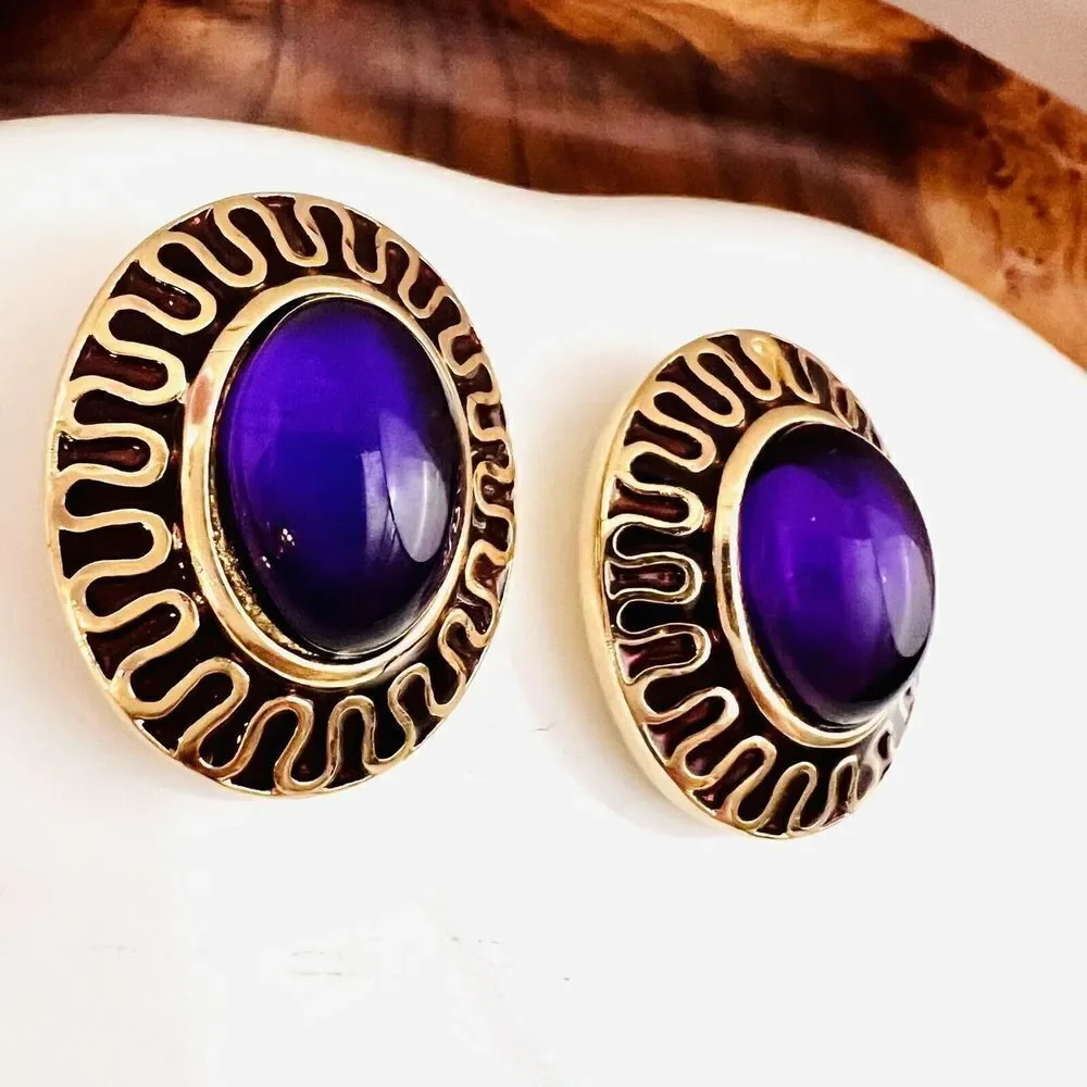 Vintage Galleria Gripoix Earrings Clip On Purple Glass Enamel Gold Oval 4624